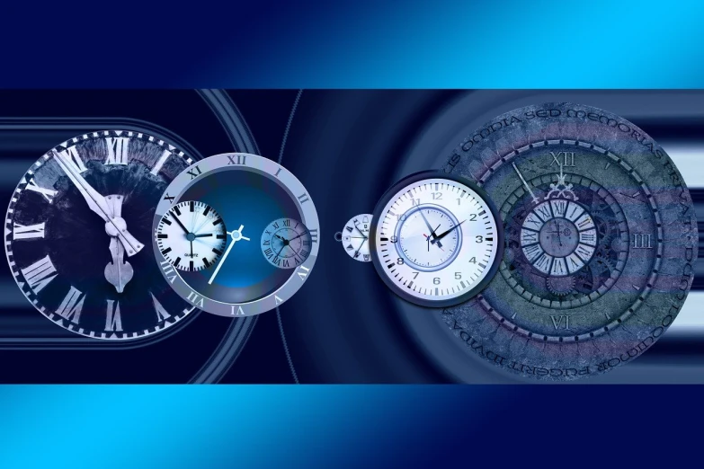 a couple of clocks sitting next to each other, a digital rendering, inspired by Anna Füssli, digital art, blue theme, digital banner, astral background, dials