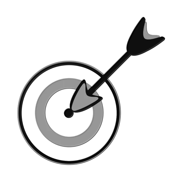 a black and white image of a target with an arrow, by Tom Carapic, trending on pixabay, sots art, on a flat color black background, rendered illustration, outlined, 2 d illustration