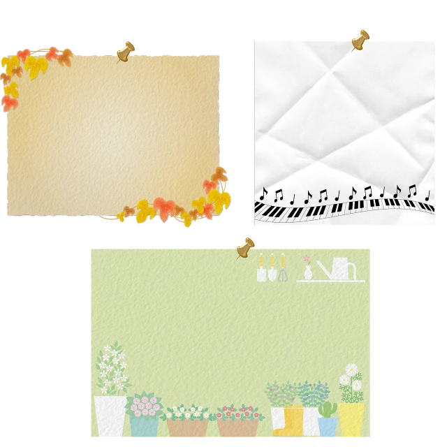 a bunch of papers that are next to each other, a picture, sōsaku hanga, cute style garden, three quater notes, 2 d texture, restaurant menu photo