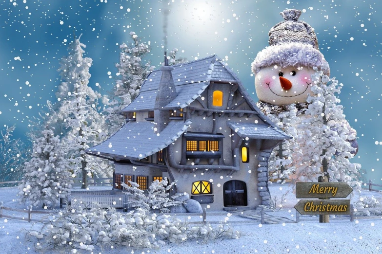 a christmas scene with a snowman in front of a house, a photo, trending on pixabay, naive art, stuning fantasy 3 d render, mobile wallpaper, avatar image, very very well detailed image