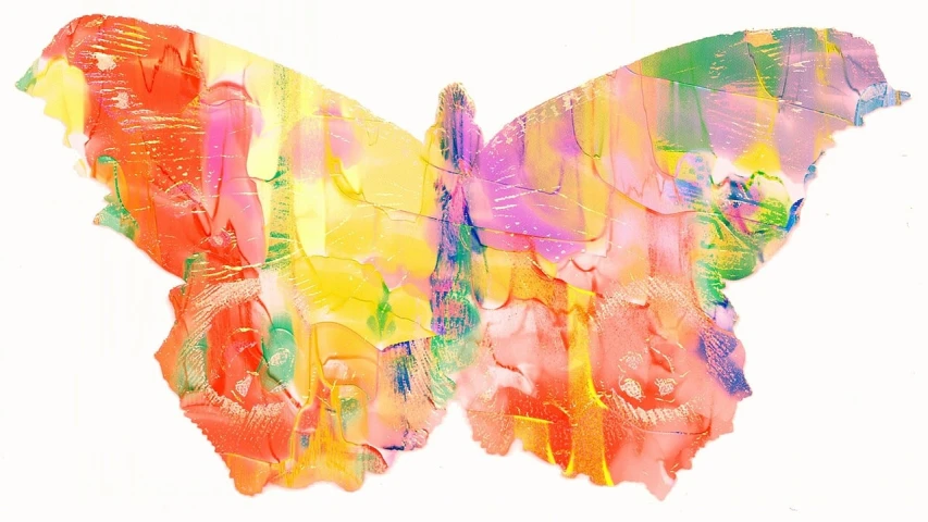 a painting of a colorful butterfly on a white background, a digital rendering, inspired by Lynda Benglis, flickr, ultrawide watercolor, layered impasto, sofubi, warm glow