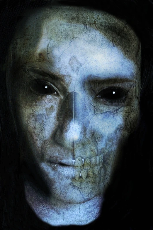 a close up of a person with a creepy face, digital art, necronomicon, queen of the ghosts, made with photoshop, eerie ”