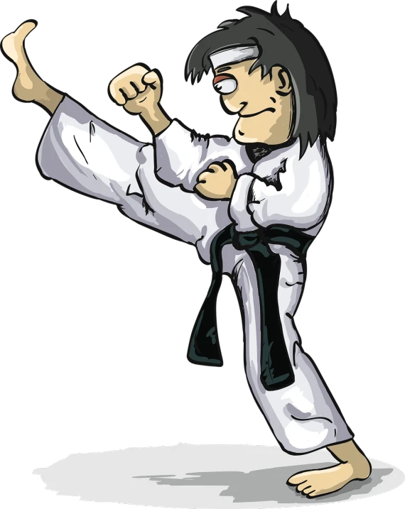 a person doing a kick with a black belt, a manga drawing, caricature style, against a deep black background, high detail illustration, drunken master