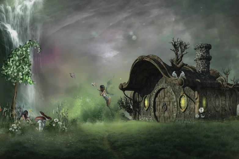 a house sitting in the middle of a lush green field, by Alison Kinnaird, deviantart contest winner, fantasy art, small fairies, cartoon moody scene, photo shot, wide establishing shot