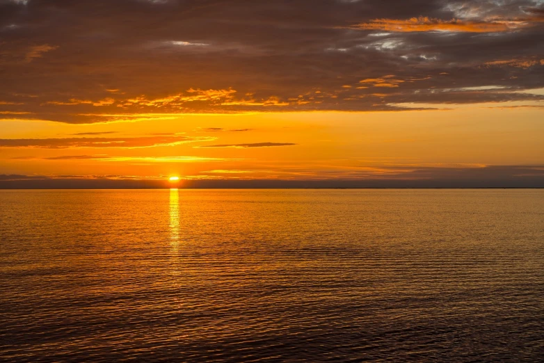 a large body of water with a sunset in the background, a picture, by Johan Lundbye, shutterstock, shades of gold display naturally, early morning sunrise, seattle, calm ocean