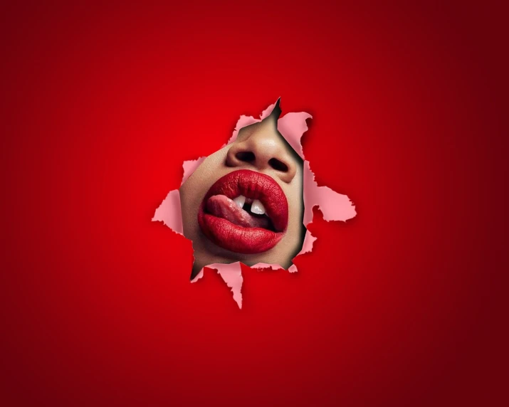 a woman's mouth sticking out of a hole in a red wall, digital art, inspired by Hedi Xandt, shutterstock contest winner, conceptual art, sexy red lips, busted crushed face, photo - realistic wallpaper, showstudio