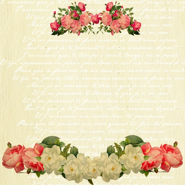 a floral frame with pink and white flowers, a digital rendering, romanticism, old script, papers, rose background, fibanci background