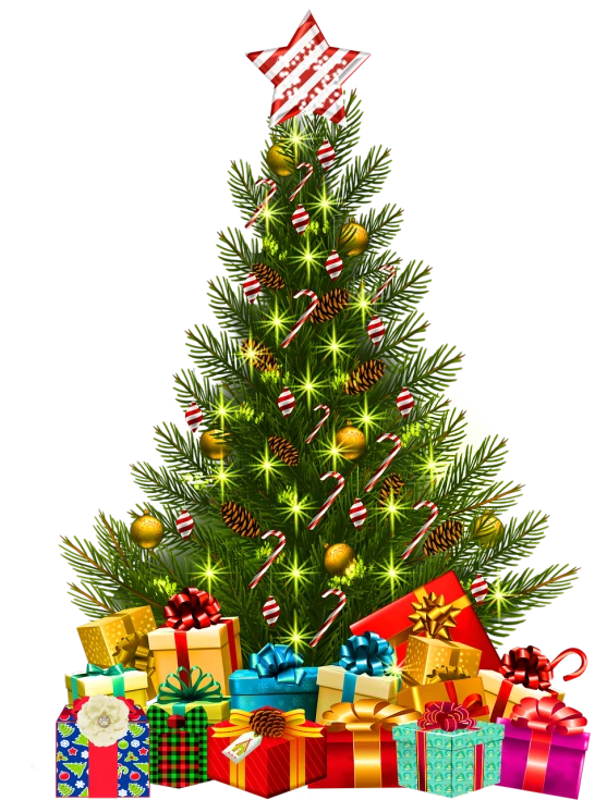 a christmas tree with presents around it, a digital rendering, on a flat color black background, phone wallpaper, clipart, closeup photo