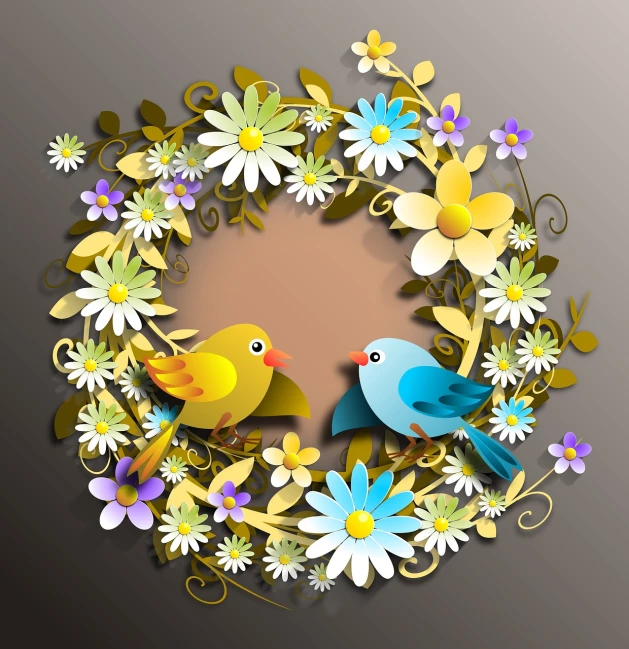 a couple of birds sitting on top of a wreath of flowers, vector art, layered paper style, 3 d vector, stunning-design, round design