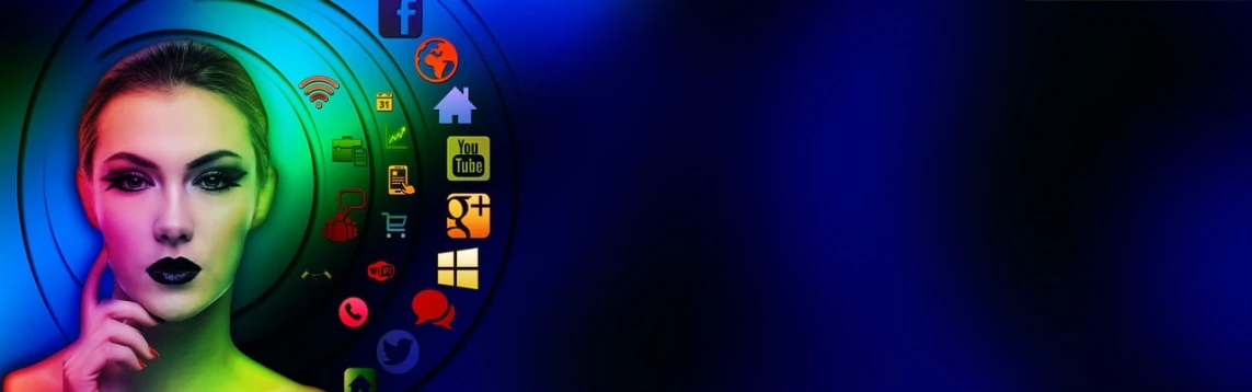 a close up of a person with a neon makeup, computer art, infographics. logo. blue, windows xp background, modern very sharp photo, all religions combined