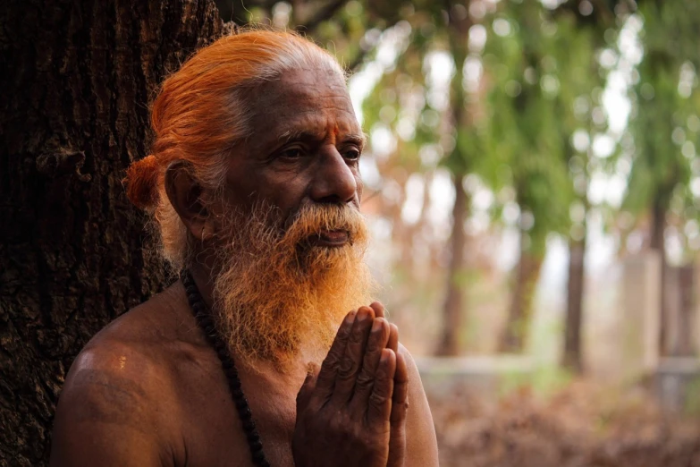 a close up of a person near a tree, inspired by Bapu, pexels, samikshavad, wise old indian guru, doing a prayer, aboriginal capirote, with a happy expression