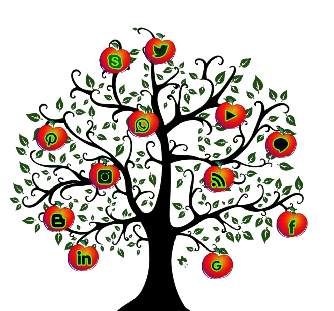 a tree that has a bunch of apples on it, trending on pixabay, digital art, logo for a social network, at night, news feed, switch