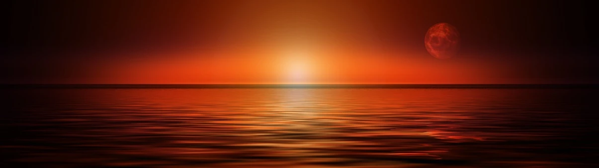 an orange sunset over a body of water, by Kuno Veeber, shutterstock, minimalism, refracted sunset lighting, at gentle dawn red light, endless horizon, treading on calm water
