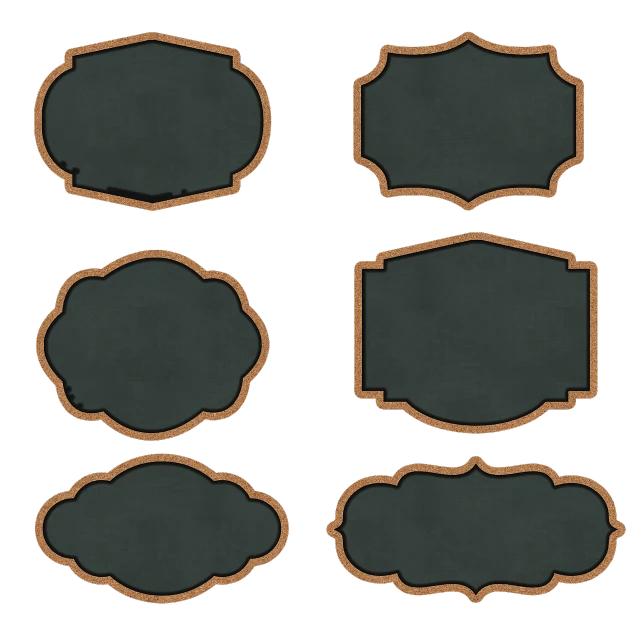 a set of six wooden frames on a black background, concept art, graffiti, low quality sharpened graphics, shaped picture, intricate copper details, chalkboard