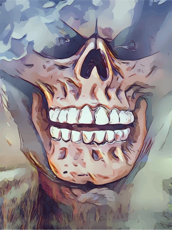 a painting of a skull with a smile on it's face, a digital painting, digital art, heman style, closeup. mouth open, a fantasy comic book style, full body close-up shot