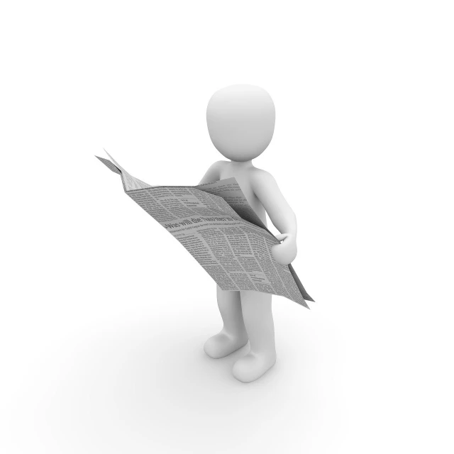 a person reading a newspaper on a white surface, a picture, by Harold Elliott, trending on pixabay, 3 d cg, white map library, stock photo