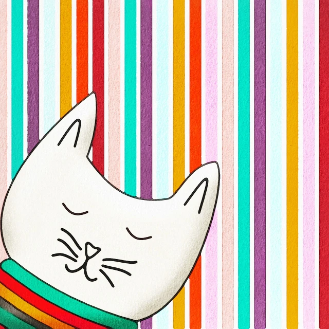 a painting of a cat with a striped collar, a digital painting, inspired by Okuda Gensō, cozy wallpaper, whie tcolor, けもの, happy cat