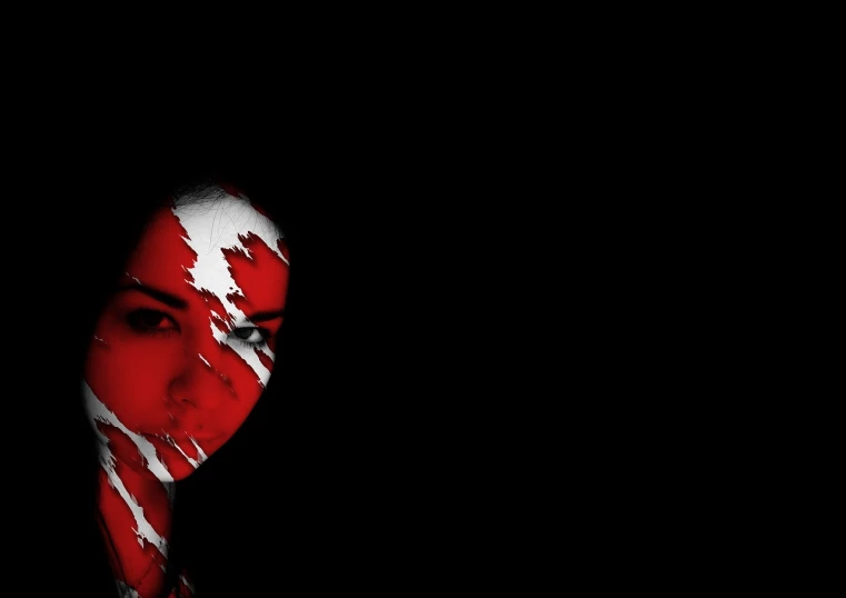 a woman with red and white paint on her face, digital art, by Chris Friel, digital art, wallpaper - 1 0 2 4, black backround. inkscape, [ shards, yume nikki