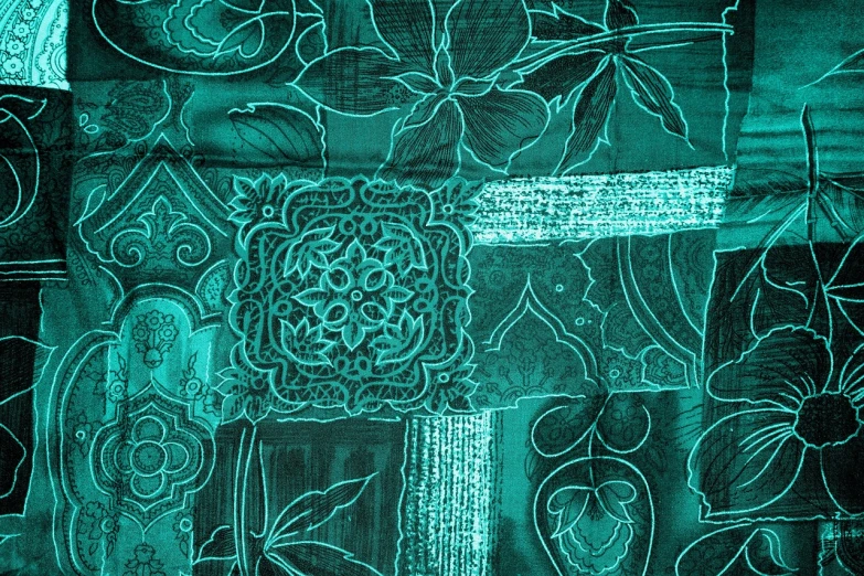 a close up of a quilt with a cross on it, inspired by Elizabeth Shippen Green, deviantart, arabesque, hd detailed texture, teal aesthetic, bandana, archival pigment print