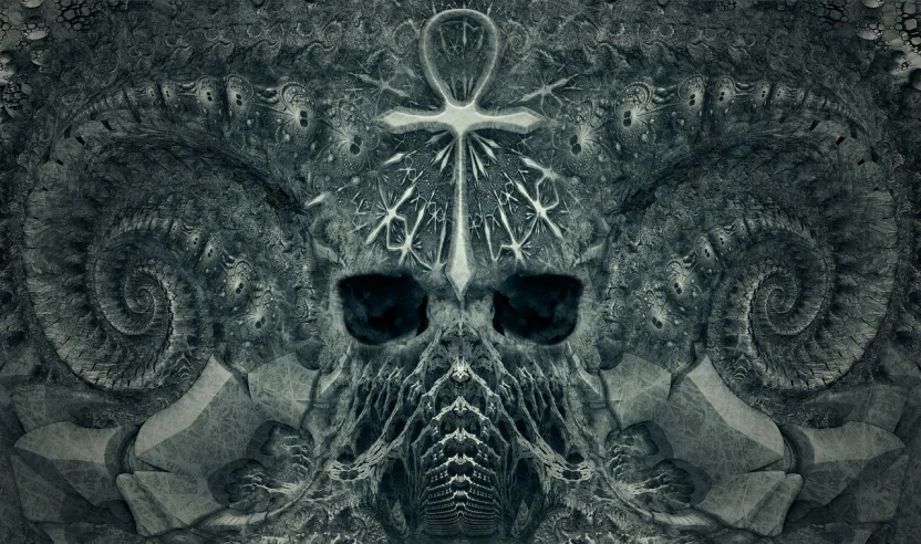 a black and white photo of a skull, digital art, inspired by hr giger, symmetrical fantasy landscape, leviathan cross, dark fractal background, fungal god