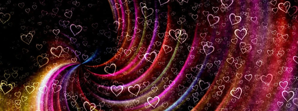 a colorful swirl of hearts on a black background, a digital rendering, by Marie Bashkirtseff, flickr, romanticism, glitter background, very cute, strings background, wallpaper!