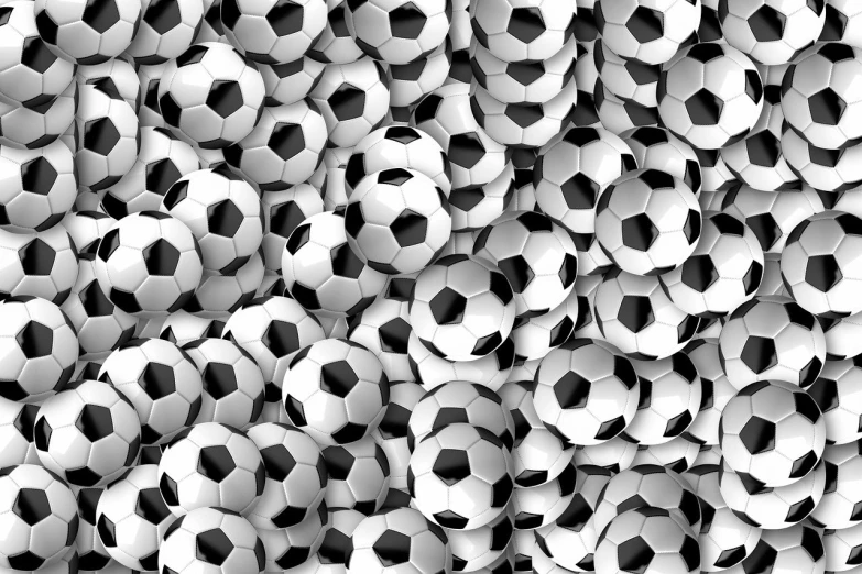 a bunch of black and white soccer balls, inspired by Arnold Bronckhorst, pc wallpaper, piled around, with a soft, artificial