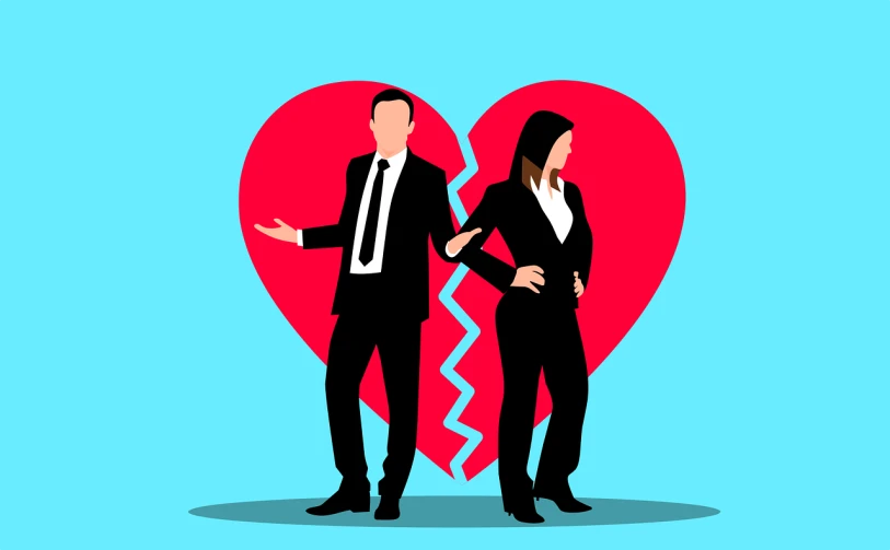 a man and a woman standing in front of a broken heart, an illustration of, figuration libre, corporate business, lawyer suit, with a blue background, high quality illustration