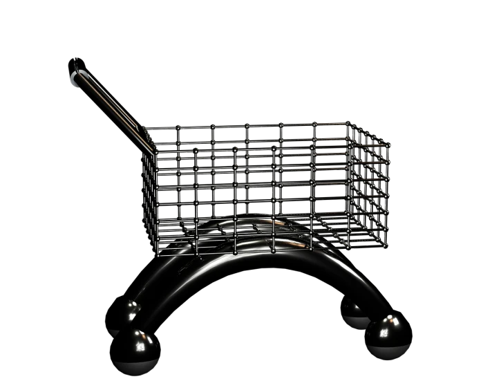 a black and white photo of a shopping cart, a digital rendering, by Arthur Sarkissian, smooth 3d cg render, on black paper, chromed metal, digital art. photo realistic