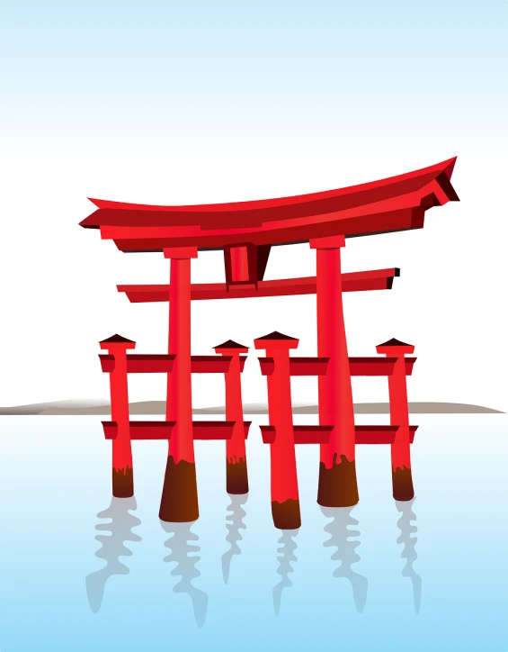 a red tori tori tori tori tori tori tori tori tori tori tori tori tori tori tori tori, a picture, inspired by Torii Kiyomoto, shutterstock, submerged temple scene, no gradients, sky line, lagoon