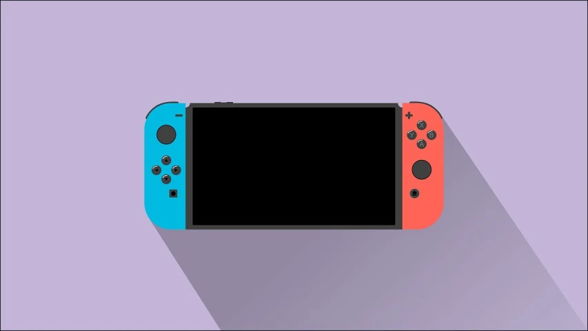 a video game controller with a long shadow on a purple background, minimalism, nintendo switch, blue and red color scheme, flat anime style, switches