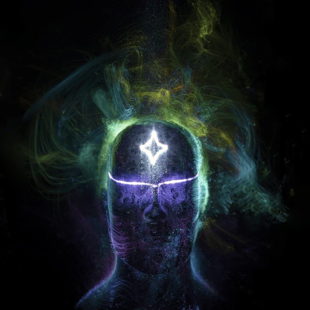 a man with a lightning bolt coming out of his head, digital art, psychedelic photoluminescent, kundalini energy, alchemy concept, brain from crystals