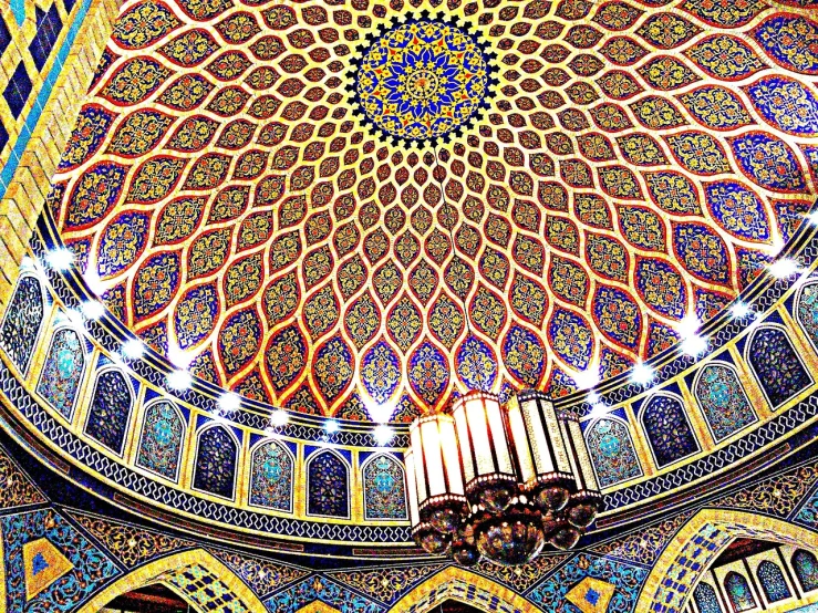 a chandelier hanging from the ceiling of a building, a mosaic, by Kamāl ud-Dīn Behzād, flickr, cloisonnism, cybermosque interior, with colourful intricate, dome of wonders, fine art print