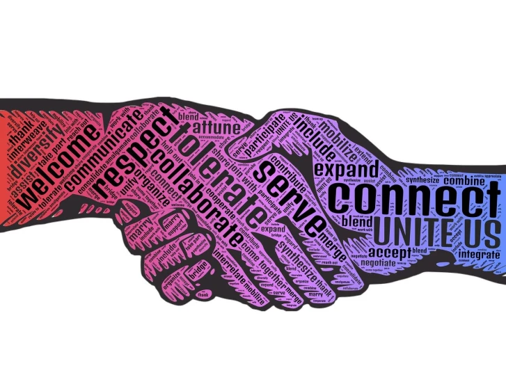 a close up of two people shaking hands, by Arabella Rankin, pixabay, conceptual art, purple and pink and blue neons, words, isolated on white background, connections