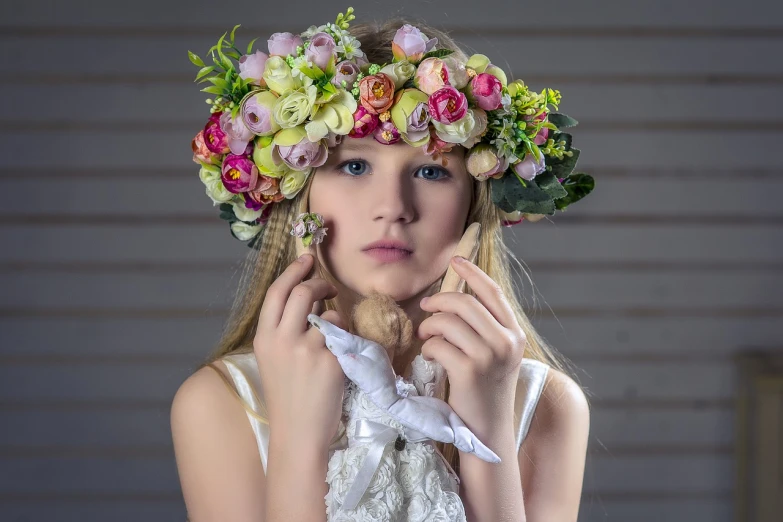 a woman with a flower crown on her head, inspired by Sophie Gengembre Anderson, pixabay contest winner, romanticism, beautiful little girl, girl in studio, aged 13, karol bak uhd