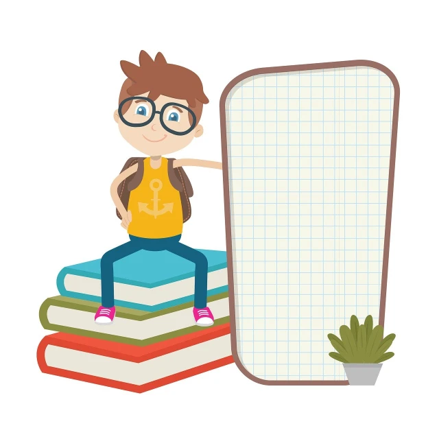 a boy sitting on top of a pile of books, a storybook illustration, whiteboards, with square glasses, poster illustration, selfie photo
