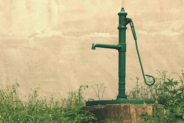 a green water pump sitting on top of a lush green field, a picture, unsplash, art nouveau, water dripping off him, background image, wall of water either side, retro - vintage