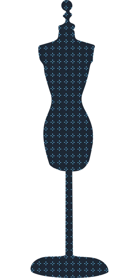 a silhouette of a mannequin on a black background, a digital rendering, inspired by Lubin Baugin, deviantart, ascii art, in a blue qipao, polka dot, bottom - view, necktie