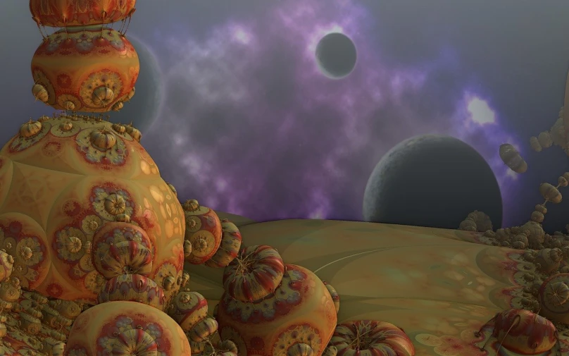 a computer generated image of an alien land, digital art, by Kieran Yanner, cg society contest winner, some orange and purple, harmony of the spheres, shell craters, skybox