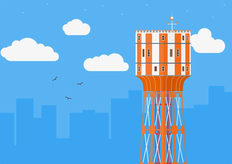 a water tower in the middle of a city, inspired by Emiliano Ponzi, shutterstock, flat vector art, prison background, orange and blue sky, close establishing shot