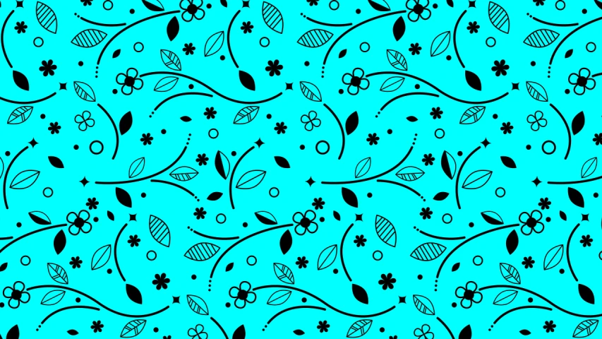 a pattern of leaves and flowers on a blue background, vector art, black and teal paper, !!! very coherent!!! vector art, curved lines, adorable design