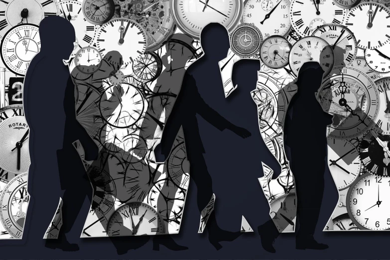 a group of people standing in front of a wall of clocks, by Anton Solomoukha, trending on pixabay, conceptual art, walking to work with a briefcase, high contrast illustration, 4 limbs and civilized behavior, people's silhouettes close up