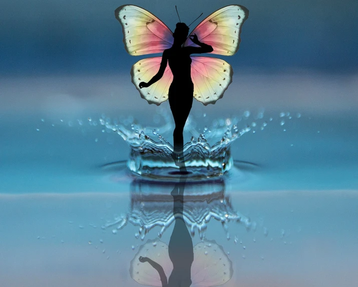 a woman that is standing in the water with a butterfly on her back, by Zoran Mušič, pixabay contest winner, digital art, mirror dripping droplet!, siluette, water refractions!!, fairies have wings