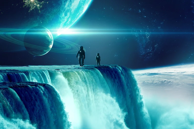 a couple of people standing on top of a waterfall, space art, sci-fi movie, space travel, amazing depth, of space travel
