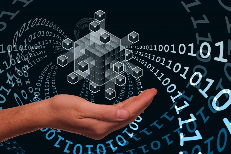 a hand that is holding a bunch of cubes, a digital rendering, pixabay, matrix code, blockchain vault, supercomputer, compressed jpeg