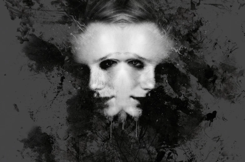 a black and white photo of a woman's face, a portrait, inspired by Nicola Samori, digital art, michael myers mask, rorschach, dark fantasy mixed with realism, portrait of an android