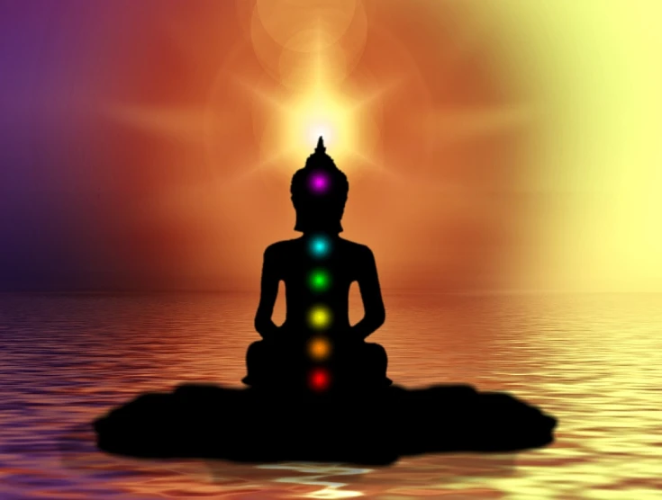 a person sitting in the middle of a body of water, light and space, chakras, 😃😀😄☺🙃😉😗, back - lit, colored lights