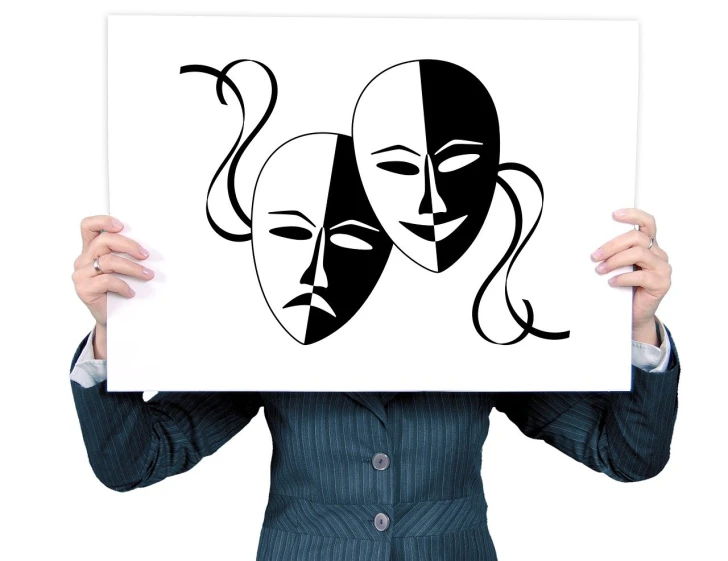 a person holding a sign with a drawing of two masks, a poster, by Mirko Rački, trending on pixabay, serial art, high drama, with a white background, broadway, snake-face lady