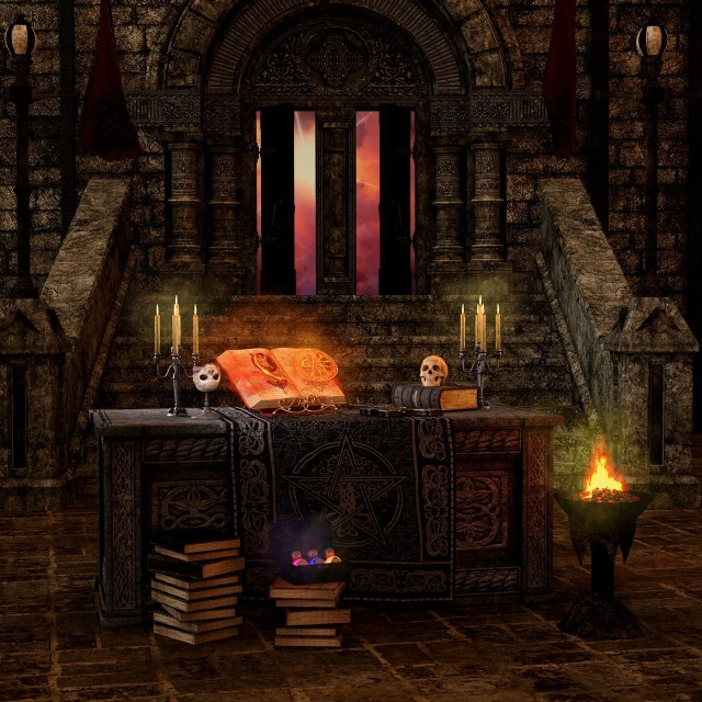 a pile of books sitting on top of a table, a detailed matte painting, gothic art, entrance to an ancient dungeon, halloween scene, an altar of a temple, eternal darkness