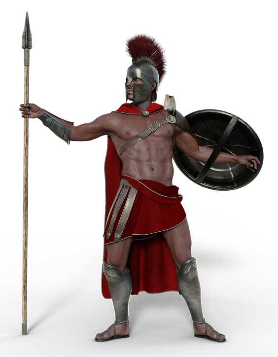 a man dressed as a roman soldier holding a spear and shield, inspired by Exekias, featured on zbrush central, a muscular, ((octane render)), warrior face painting red, high res render