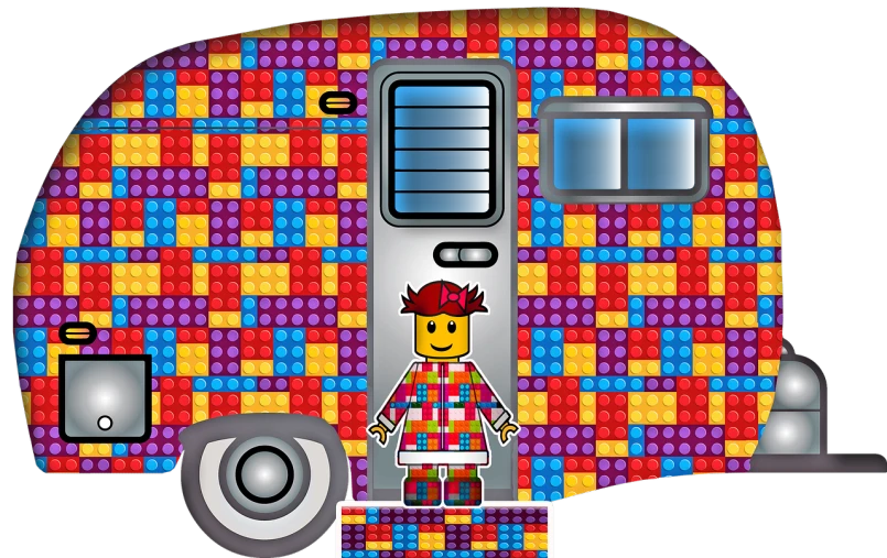 a lego man standing in front of a colorful trailer, pixel art, inspired by Ernő Rubik, flickr contest winner, hippie girl, inside the train, tiling texture, detailed vectorart